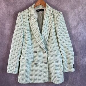 Zara Blazer Women Medium Green White Tweed Double Breasted Silver Crest Buttons